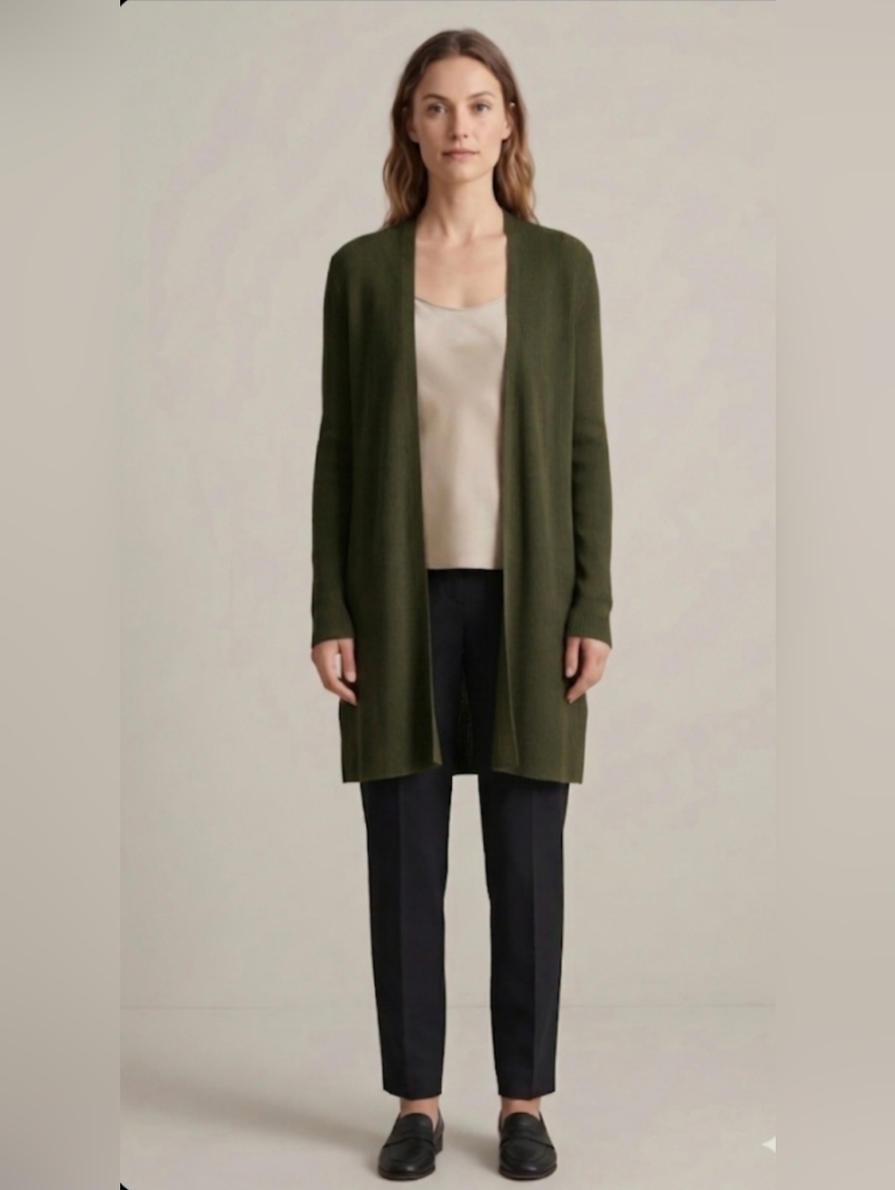 Eileen Fisher Olive Green Knit Long Women's Cardigan Size Petite Small